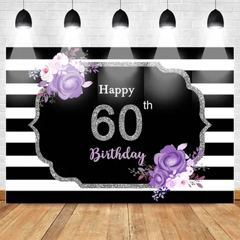

Mehofoto Purple Flowers Happy 60 Birthday Backdrop Stripes Birthday Photography Background Women Birthday Party Banner Backdrop