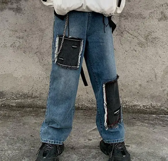 Patchwork Contrast Block Ripped Patches Elastic Waistband High Streetwear Denim Pant Plus Size Loose Women Man Jeans Harajuku - Цвет: Светло-голубой