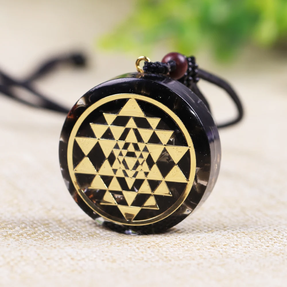 Natural Obsidian Orgonite Pendant Sri Yantra Necklace Sacred Geometry Chakra Energy Necklace Meditation Jewelry