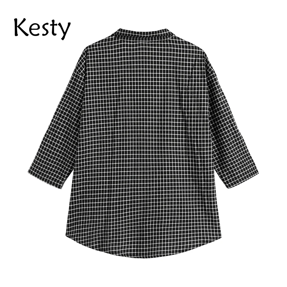 KESTY Women's Plus Size Spring Cotton Plaid Shirt Printed Cat Pattern Lapel 3/4 Sleeve Casual Top