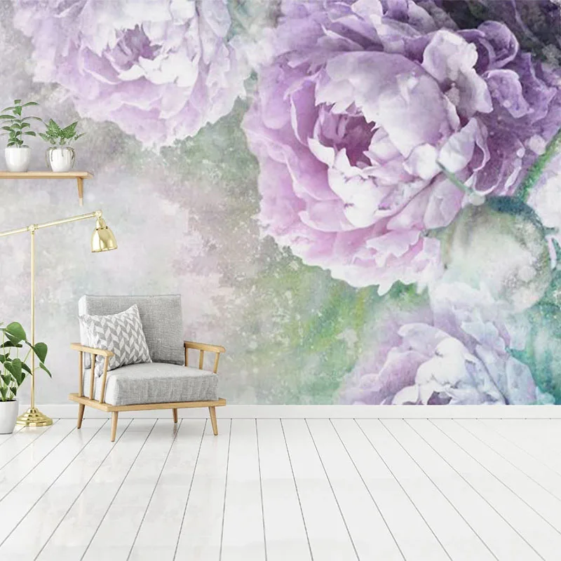Hand Painted Mural Wallpaper Pintura de Parede Romântica Aquarela Flores Roxas Sala Quarto Personalizado d 3d