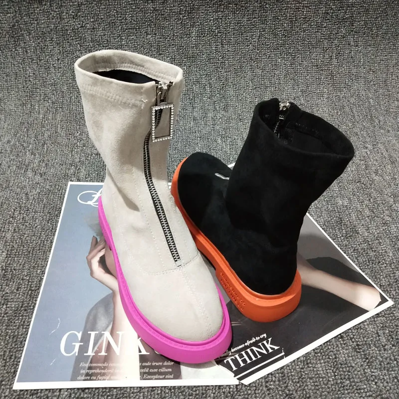 Женские ботинки; женская обувь на молнии; Botas; chaussures femme; женская обувь с круглым носком; обувь на низком каблуке; Botas Mujer; смешанные цвета