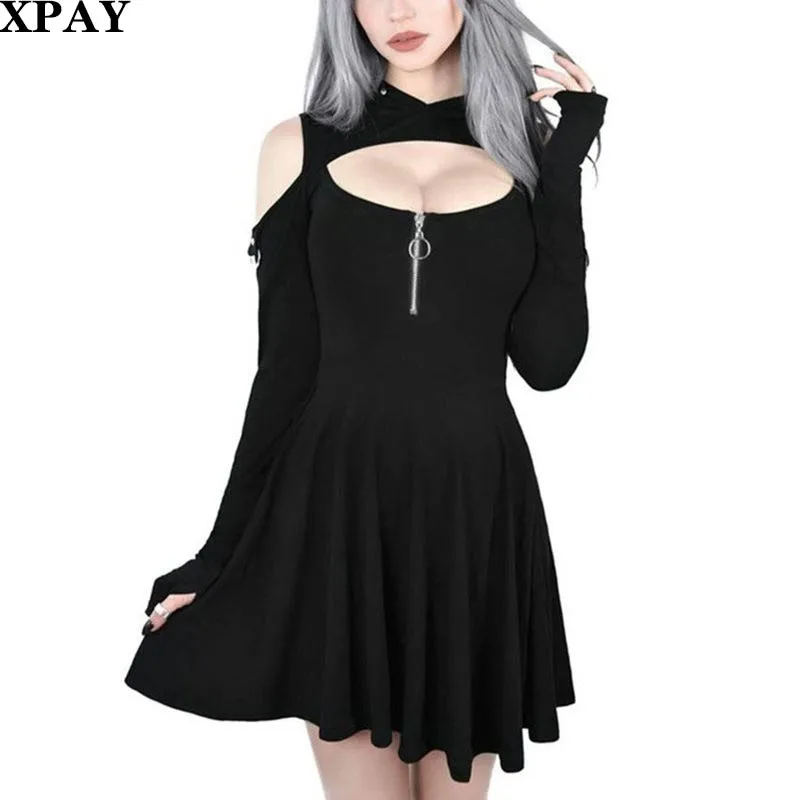 

2020 New Long Sleeve Hooded Dress Women Spring Autumn Black Punk Girl Pleated Dress Sexy Off Shoulder Mini Dresses Vestidos