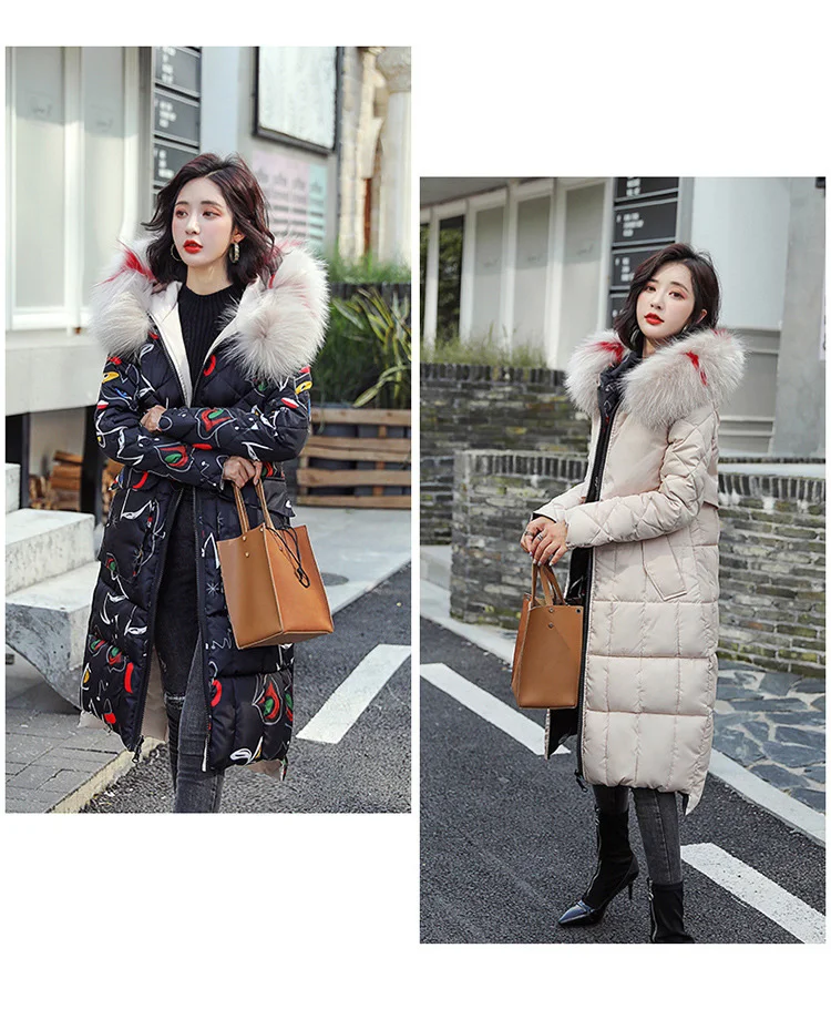 Новое поступление, зимняя куртка для женщин с длинным принтом, с капюшоном, из искусственного меха, зимнее пальто с хлопковой подкладкой, женская верхняя одежда, парки
