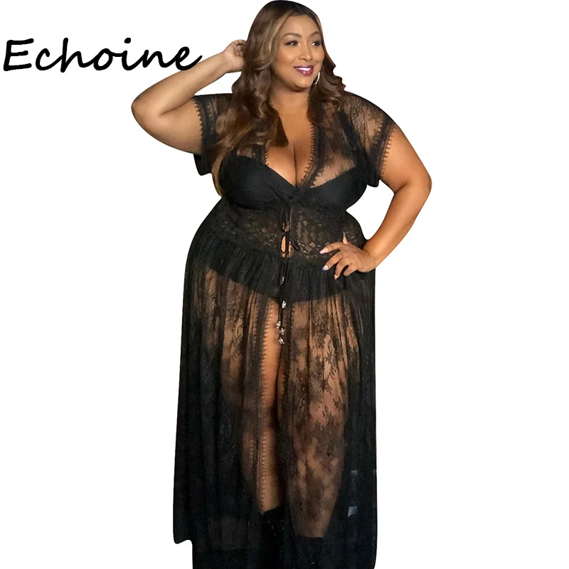 

Echoine Plus Size xl-4xl Lace Up See Through Short Sleeve High Split Out Long Dress Women Party Night Clubwear Vestidos