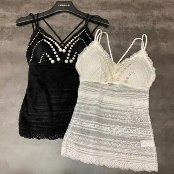 

New red same model 2020 summer granular pearl nail bead lace back sexy breast pad suspender vest female trend