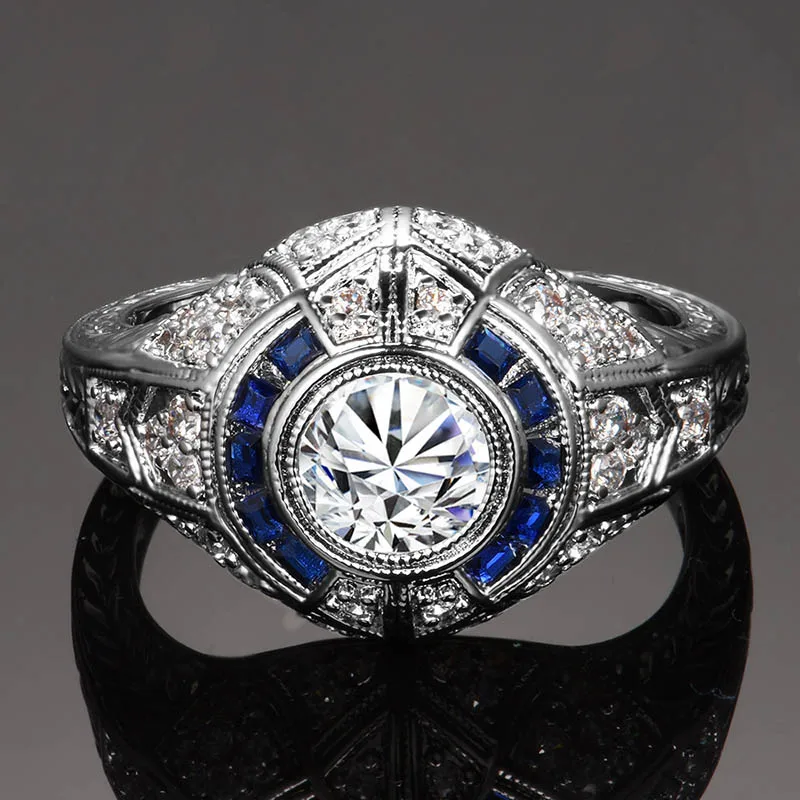 Bague Ringen, круглое серебряное 925 Ювелирное кольцо с камнями для женщин, сапфир, циркон, размер 6, 7,8, 9,10, этнический стиль, Подарок на годовщину