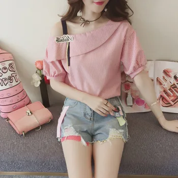 

Women Spring Summer Sexy One Side Shoulder Off Shirts Half Lantern Sleeve Button Casual Shirt Tops Striped Blouses
