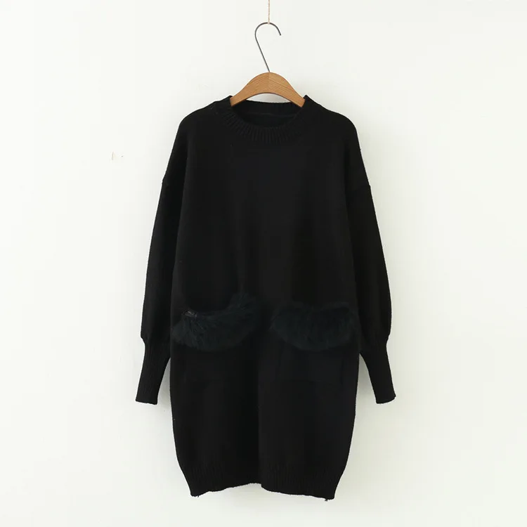 Neploe осень/зима свитер платье женская меховая нашивка карман длинный вязаный пуловер длинный рукав корейский Свободный Топ Джемперы 54330 - Цвет: black