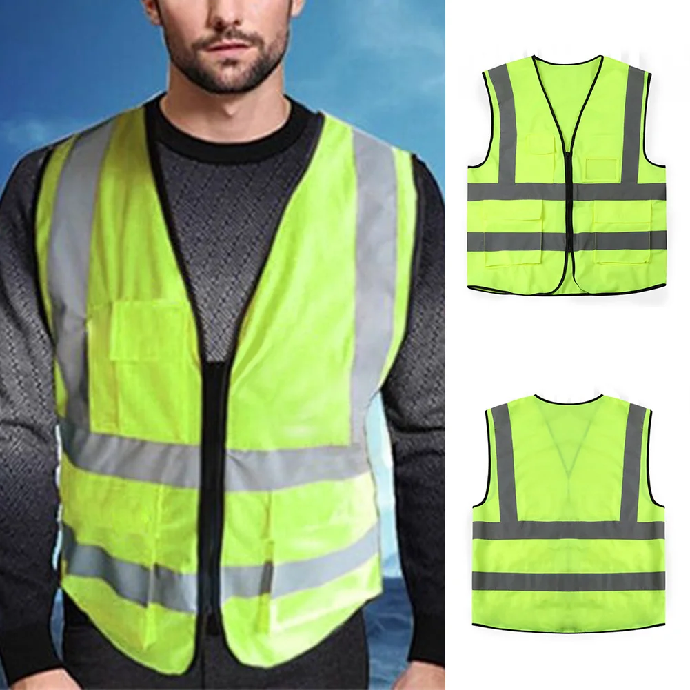 Safety Vest With Zipper Reflective Jacket Security Waistcoat 4 Pockets Reflective Warning Vest