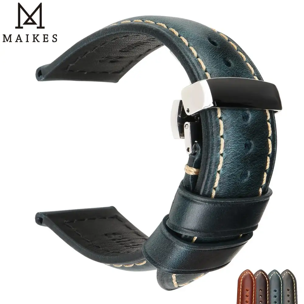 Кожаный ремешок для часов MAIKES 18 мм 22 из натуральной телячьей кожи сменные синие Ремешки наручных с застежкой