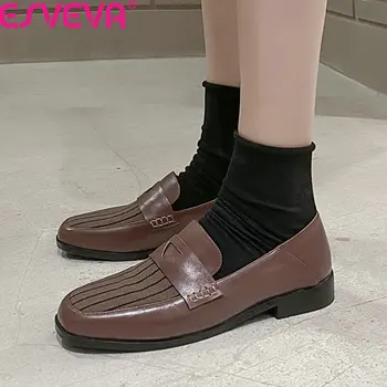 

ESVEVA 2020 Cow Leather Spring Autumn Slip on Ladies Single Shoes Casual Square Low Heel Round Toe Comfort Women Pumps Size34-43