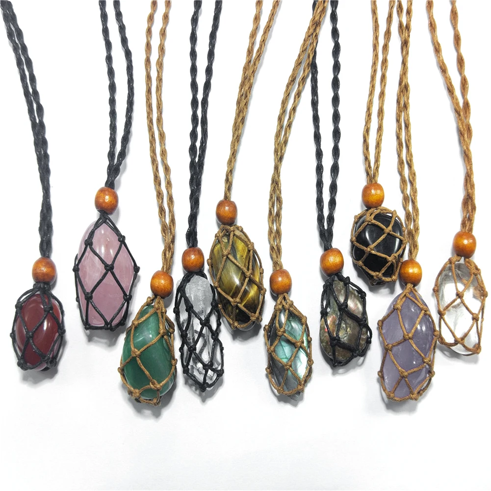 Necklace Cord Empty Stone Holder Natural Quartz Crystal Raw Stone Chakra Point Healing Fish Netted Indians Amulets Pendant 1pc