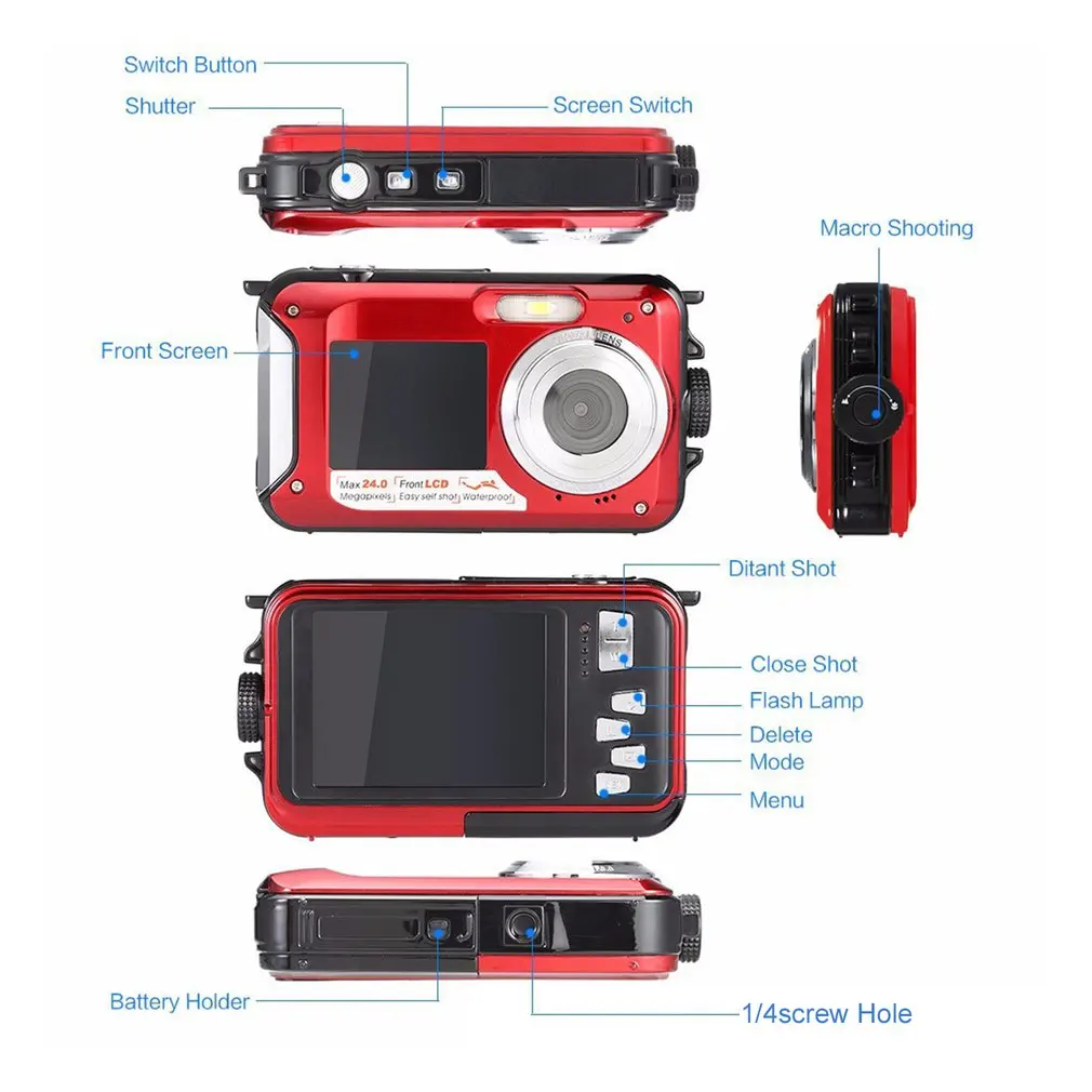 2,7 дюймов TFT цифровая водостойкая камера 24MP/48MP MAX 1080P двойной экран 16x цифровой зум видеокамера HD268 подводная камера