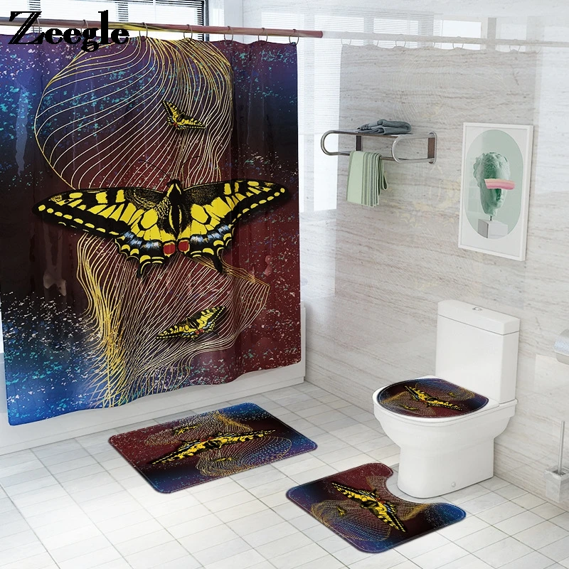 Bath Mat Set Bathroom Carpet Rug Waterproof Shower Curtain and Absorbent Toilet Mat Set Toilet Seat Cover Mat Anti-slip Foot Rug