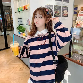 

Striped Polo Female Student Loose All-match Sweet Pullovers
