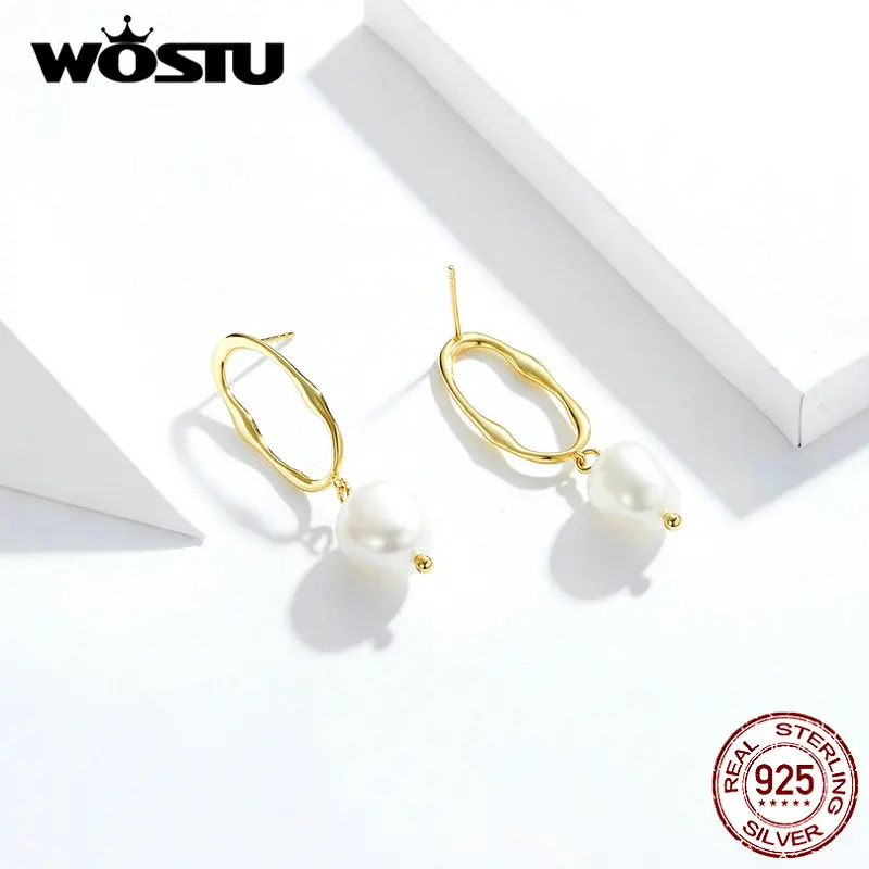 WOSTU настоящие 925 пробы серебряные серьги с простым дизайном золотого цвета круглые элегантные серьги с жемчугом для женщин CQE793
