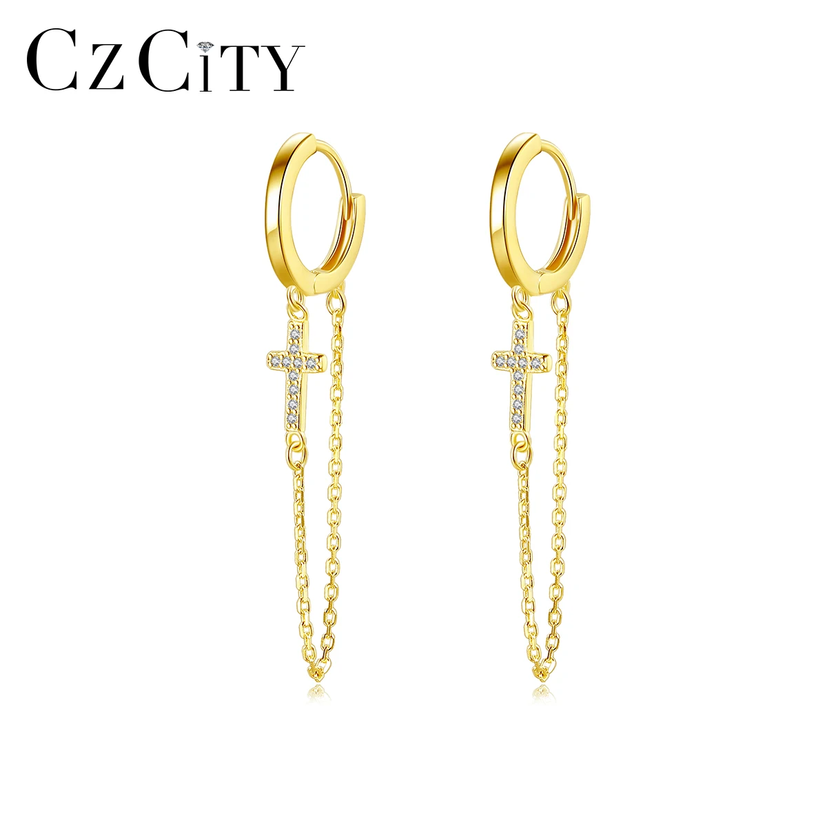 

CZCITY 925 Sterling Silver Golden Cross Hoop Earrings for Women Fine Jewelry Tassel Chain Link Huggies CZ Brincos Christmas Gift
