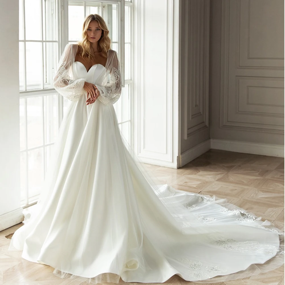 

Puff Sleeves Wedding Dresses 2022 New Sweetheart Floor Length White Satin Gowns Lace Applique Sweep Train Bride Dress