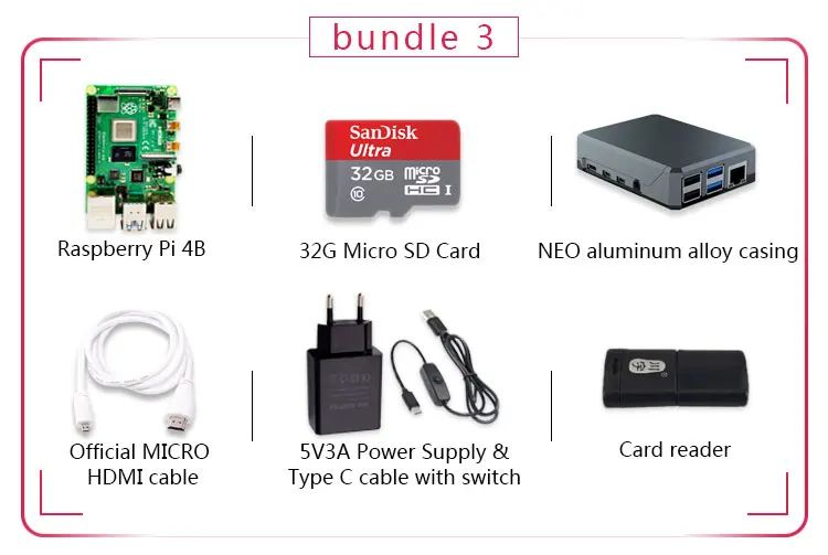 Original Raspberry Pi 4 Model B 1G Kit Pi 4 board Micro HDMI Cable Power Supply With Switch Case With Fan Heat Sinks