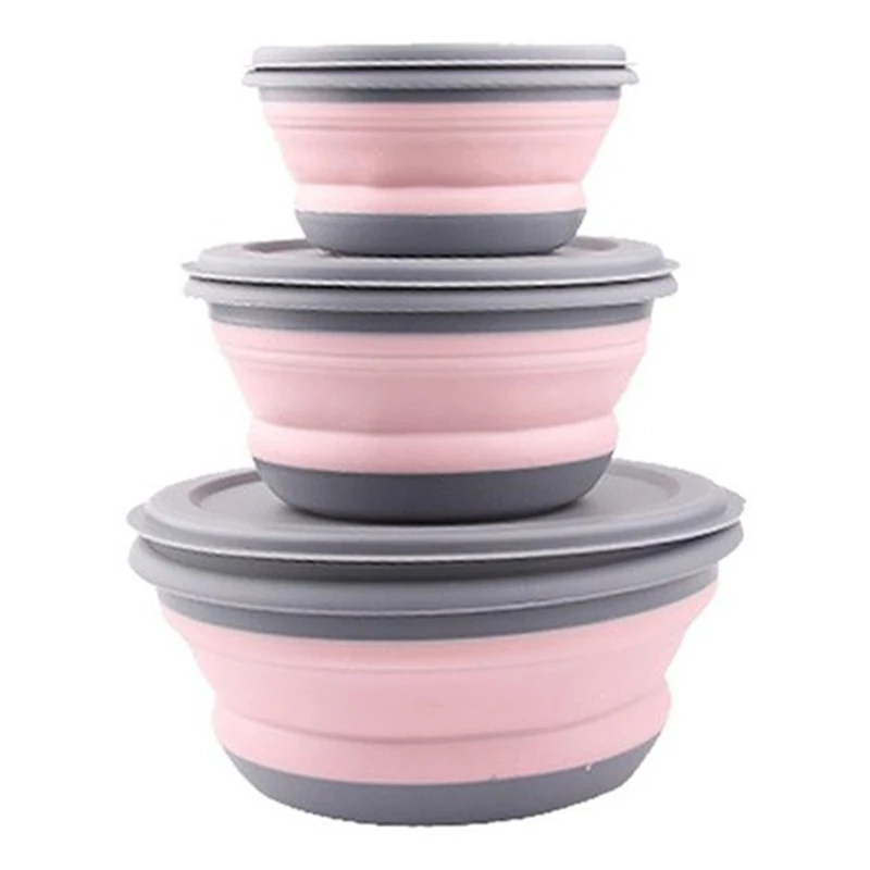 

HLZS-3Pcs/Set Bowl Sets Silicone Folding Lunch Box Folding Bowl Portable Silicone Folding Bowl Foldable Salad Bowl with Lid