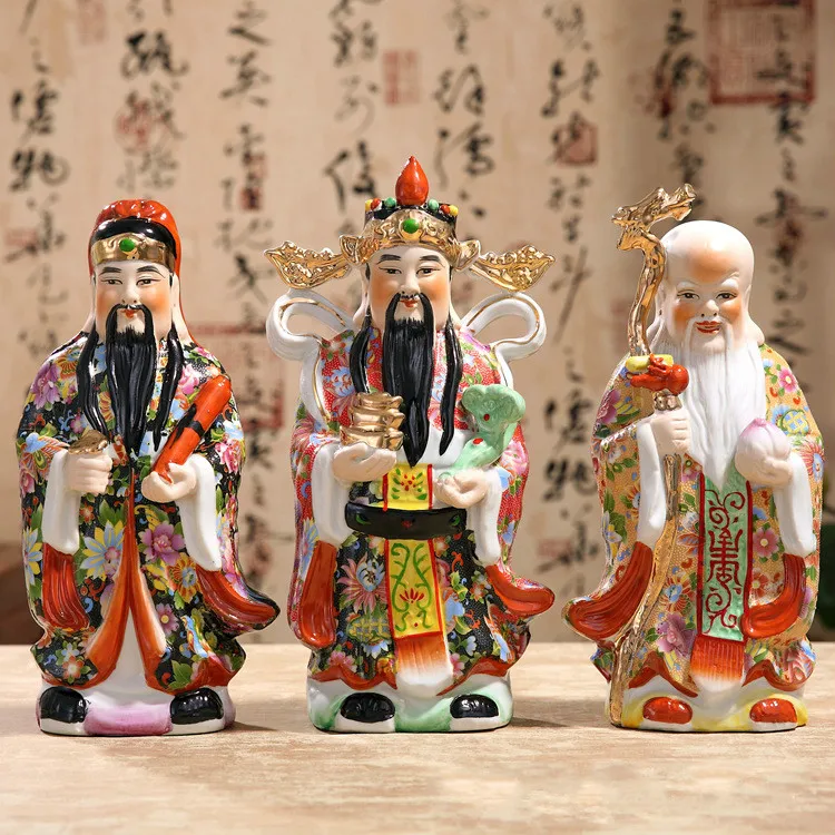 The Three Gods of Fortune Statue Chinese Color Handmade Decals Samsung Ceramic Ornaments Painted Sculpture Three-piece Suit