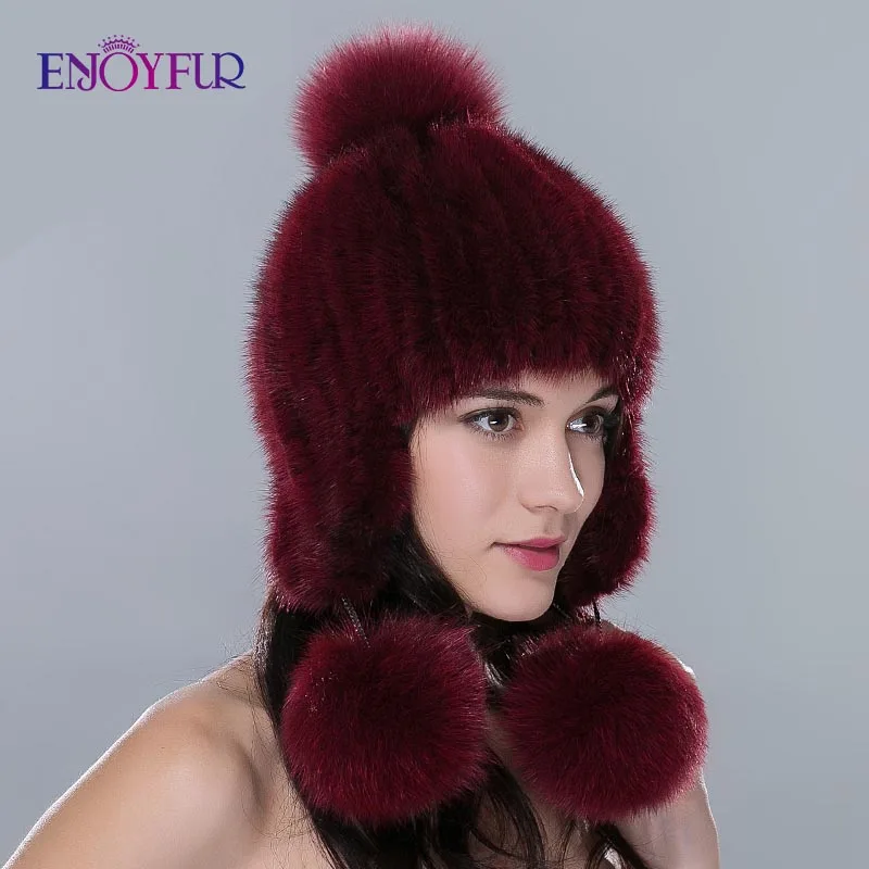 Женская шапка бини с ушами ENJOYFUR, теплая вязаная шапка из натурального меха норки с меховым помпоном на зиму