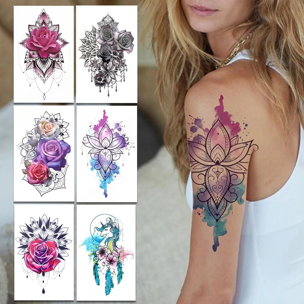 女性と子供のための一時的な水彩画 蓮 花 偽の一時的なステッカー 胸 ユニコーン 羽 鳥 Tatoo 消えるタトゥー Aliexpress