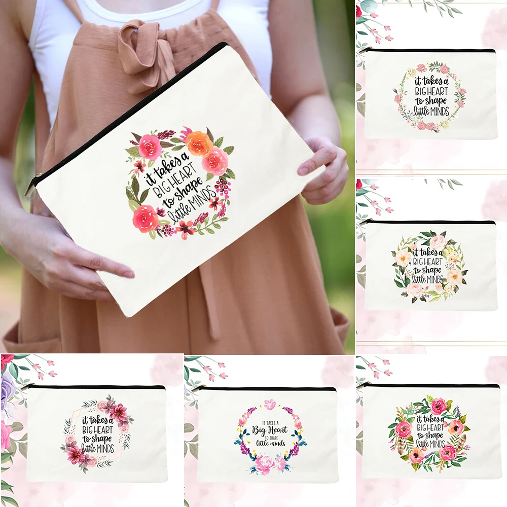 

It Takes A Big Heart To Shape Little Mind Flower Cosmetic Cases Bag For Women Fashion Casual Zipper Makeup Pouch Handbag Gifts