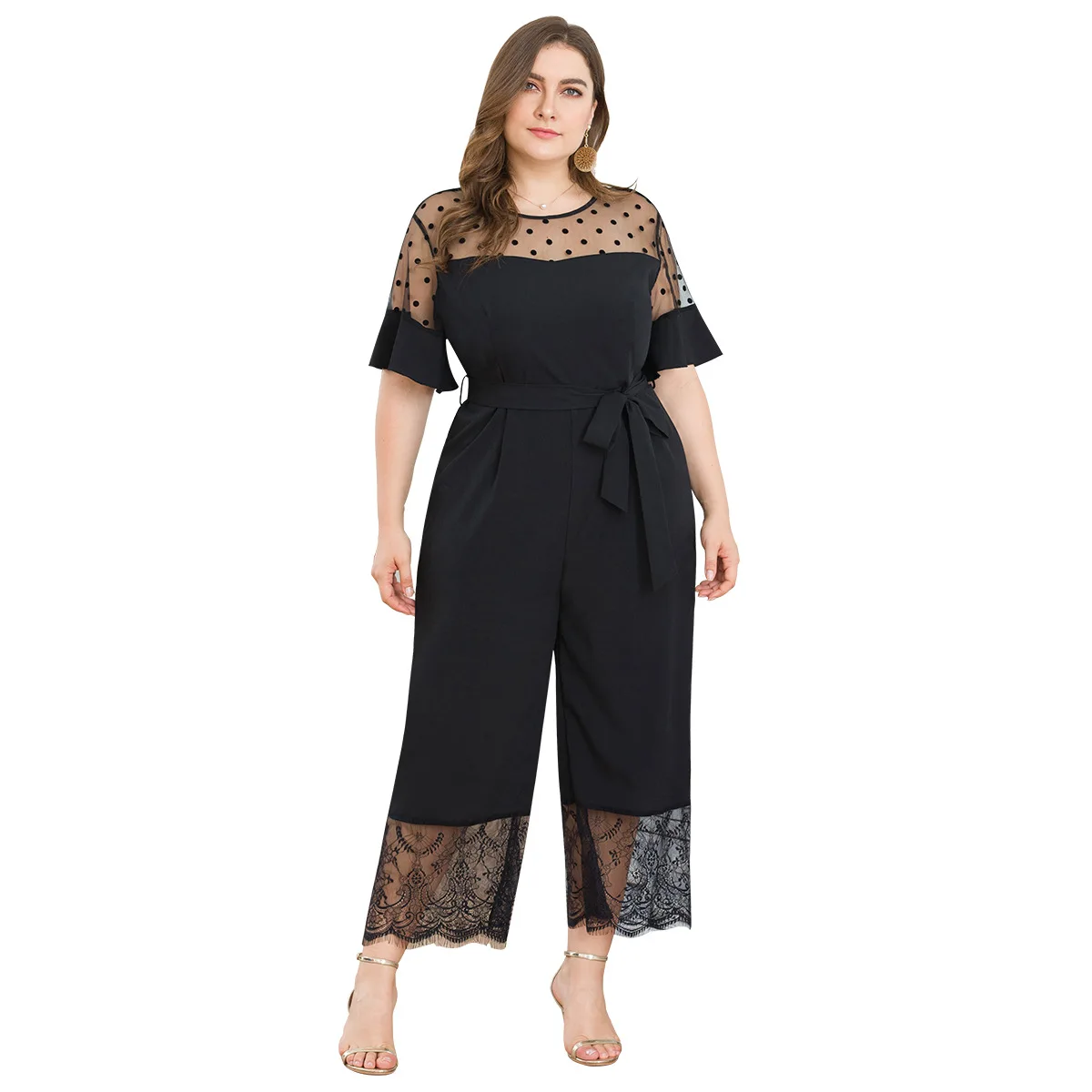 

XL-4XL Summer Plus Size Lace Stitching Jumpsuit Casual Mesh Women Big Size Romper Overall Large Size Female Wide Leg Jumpsuits