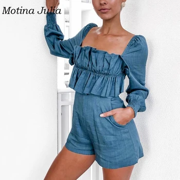 

Motina Julia square neck ruffled romper jumpsuit women long sleeve short playsuit 2019 casual women overalls