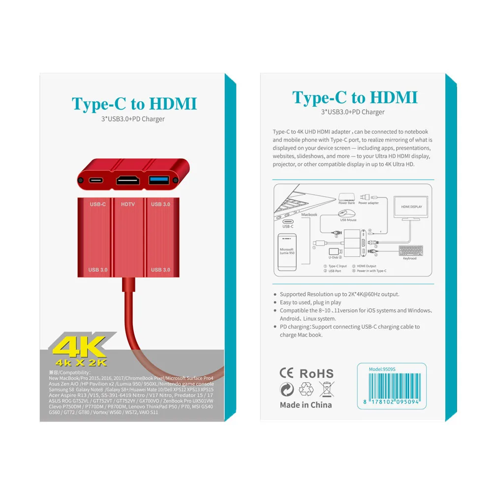 Type-C к HDMI видео конвертер USB3.0 концентратор расширения док-станции поддержка 4K* 30 Гц