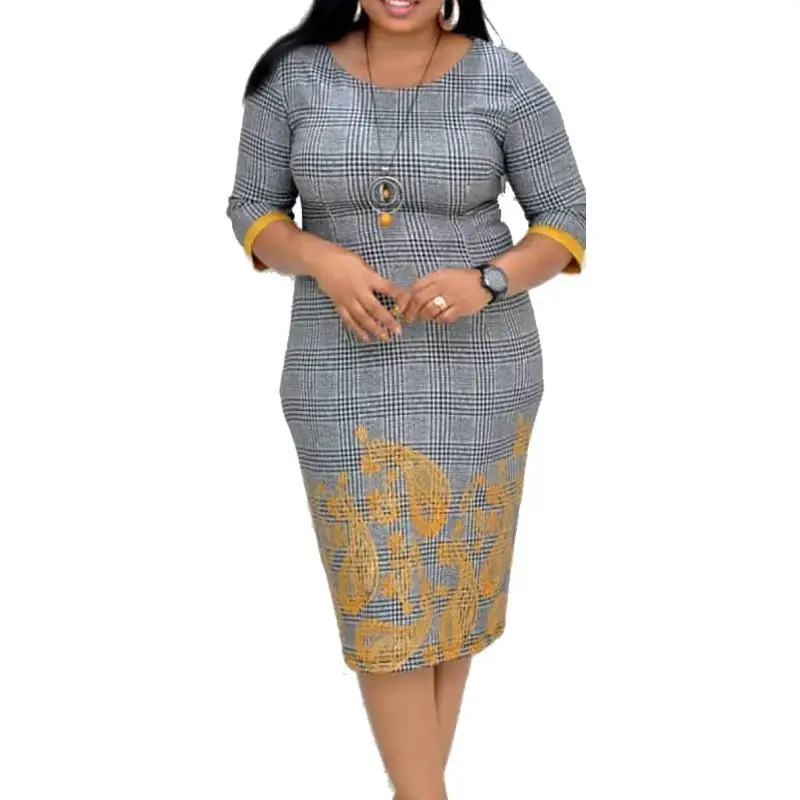 

4XL Plus Size Casual Dress Woman Autumn Plaid Large Size Dress Elegant Floral Printed Pencil Dress Vestidos Big Size Party Dress