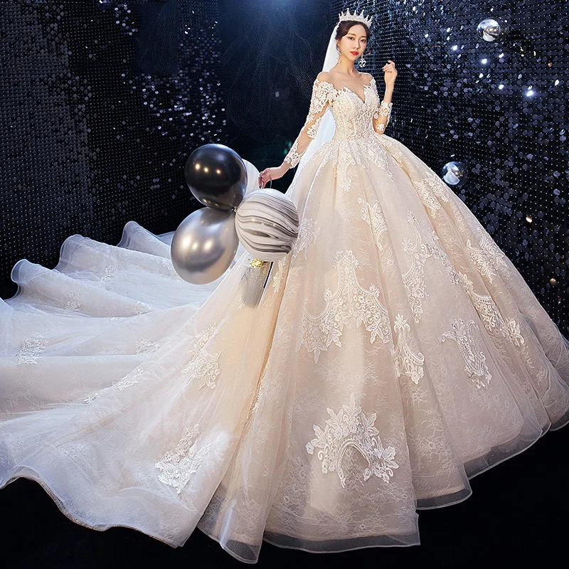 Vivian's Bridal Новая роскошная многослойная Расширенная юбка свадебное платье сексуальное иллюзионное свадебное платье с круглым вырезом и открытой спиной с длинным рукавом