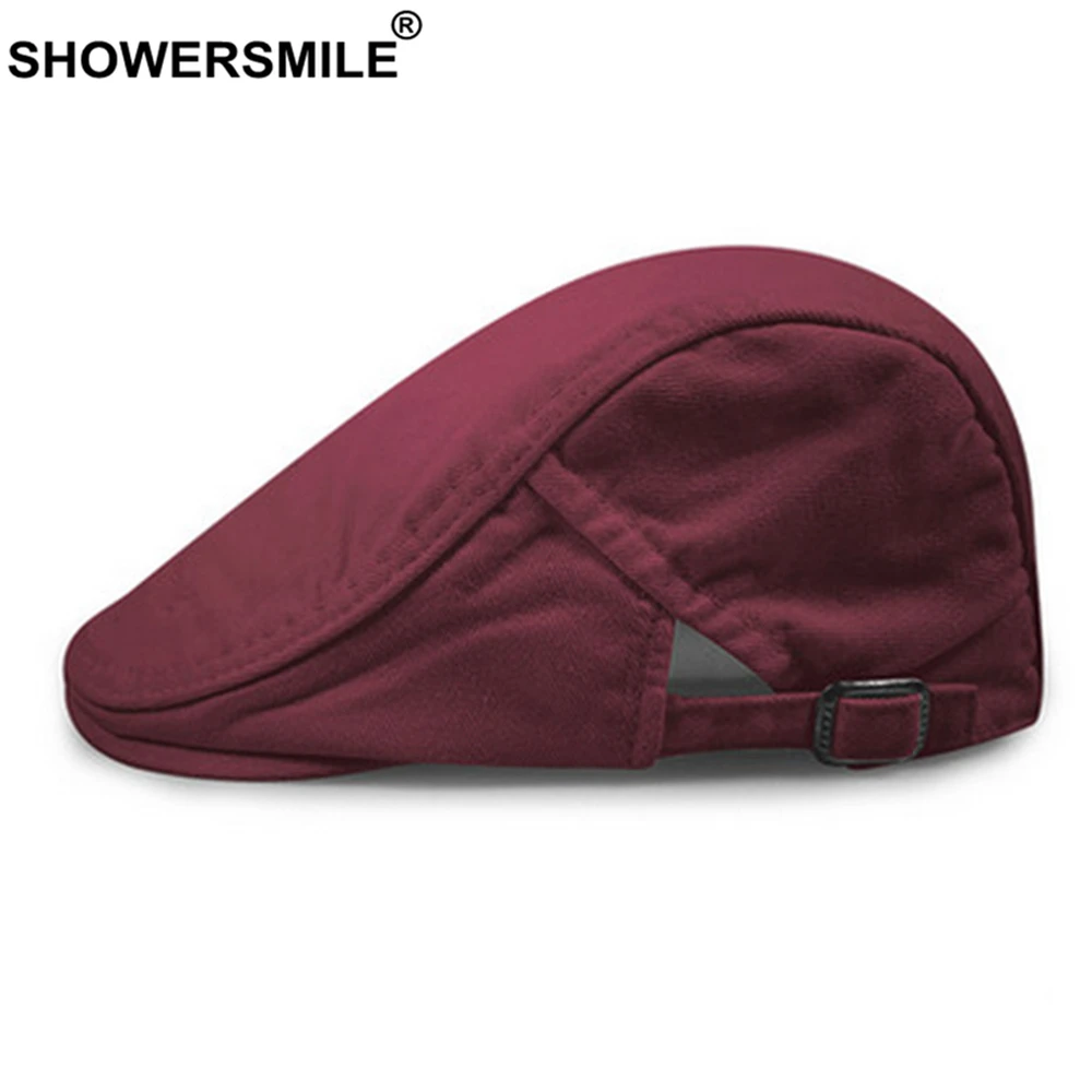SHOWERSMILE Burgundy Women's Berets Spring Cotton Flat Hats Mens Ivy Cap Solid Color Duckbill Hats Gatsby British Beret Hat