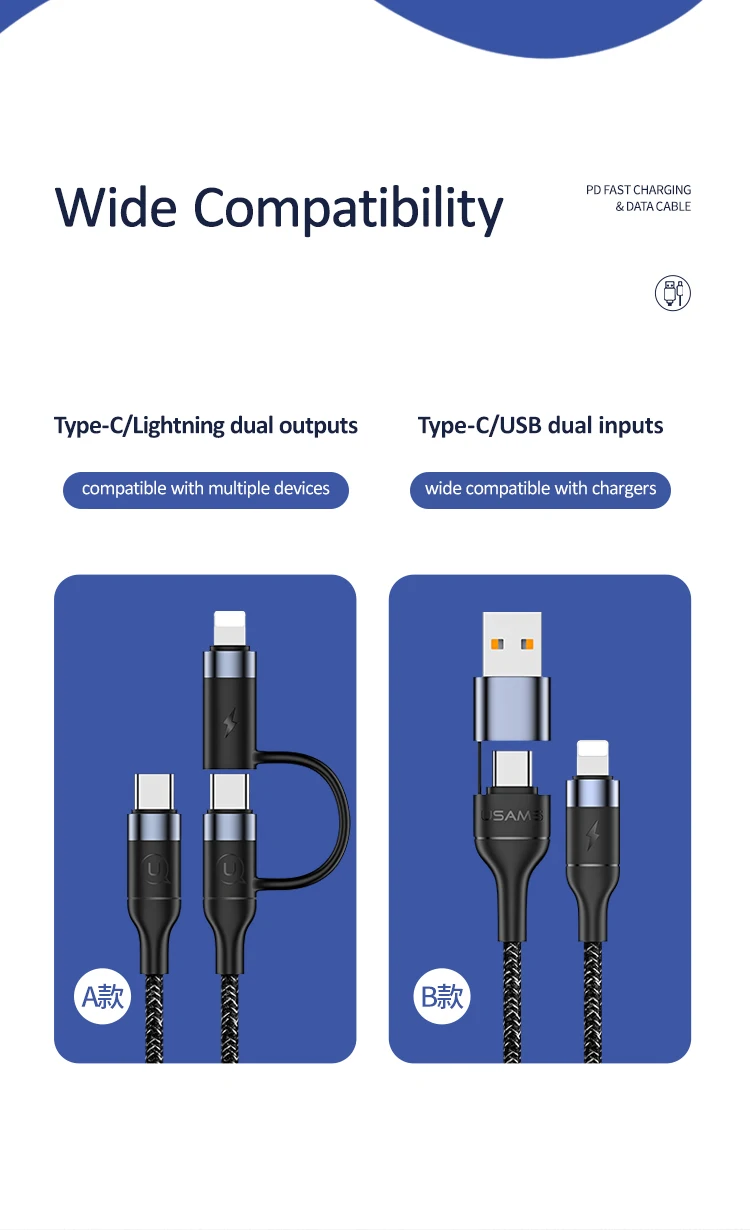 USAMS 2 в 1 usb кабель PD для iPhone xs max xr 8 7 6 plus 11 ipad pro macbook быстрое зарядное устройство для usb c к Lightning зарядный кабель