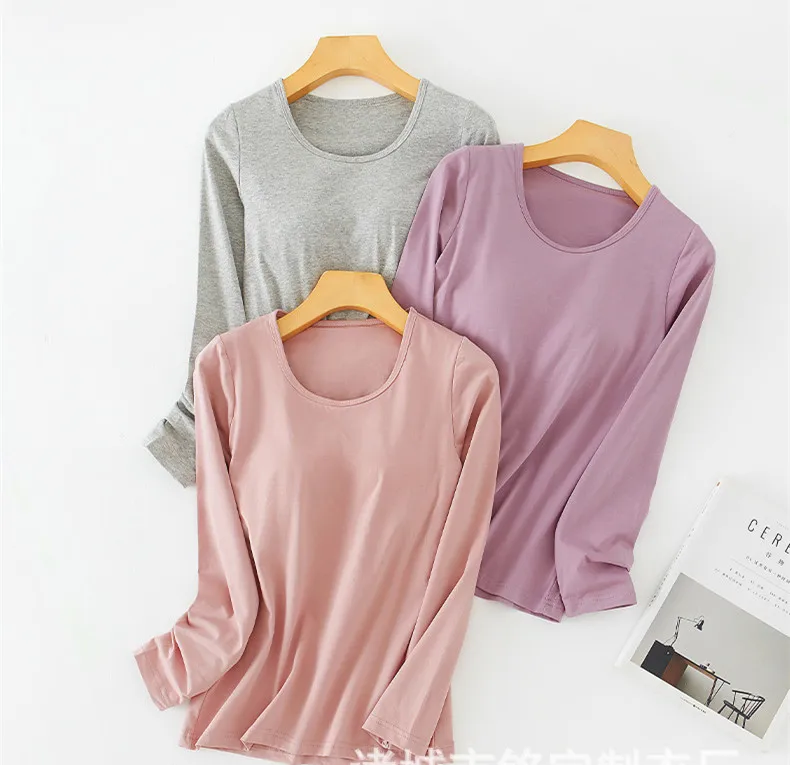 Fdfklak Ein Stück Pyjamas Brust Pad Hause Kleidung Frauen Äußere Tragen Baumwolle Lange-Sleeve Basis Shirt Für Herbst Winter schlaf Tops 4XL – Detail 4