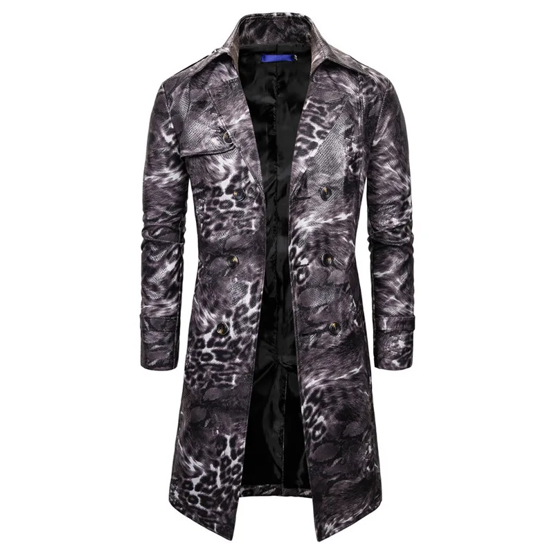stone island jacket European Version of Men's Fashion Casual Trench Coat Jacket Leopard Tide Double-breasted Personality Long Trench Coat Plus Size men's coats & jackets