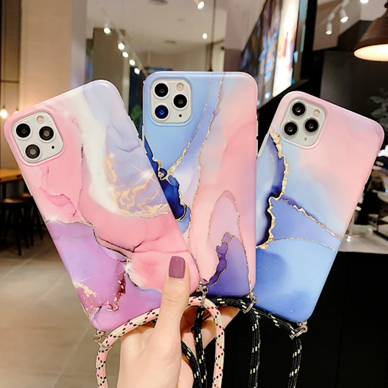 

Marble Necklace Strap Rope Luxury Phone Case For iPhone 11Pro XR XS Max 7 8 Plus SE Marble Stone Texture Lanyard Neck Cord Cover