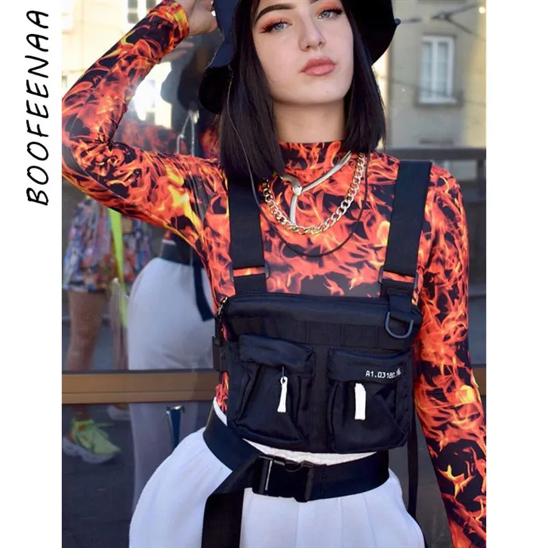 BOOFEENAA Flame Printed High Neck Long Sleeve Shirt Fall Winter Trendy Clothes for Women Sexy Graphic Tees T Shirts C67-H19