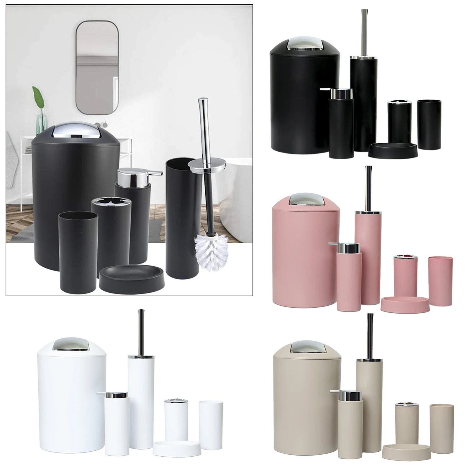 6Pcs Plastic Bathroom Accessories Set Bath Ensemble Soap Dish Trash Can Toilet Brush Necessities Brush Holder Trash Can Set 1