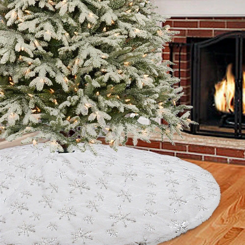 

OHEART White Christmas Tree Skirt Plush 122cm Snowflake Sequin Embroidered Tree Skirt christmas decor for home happy new year