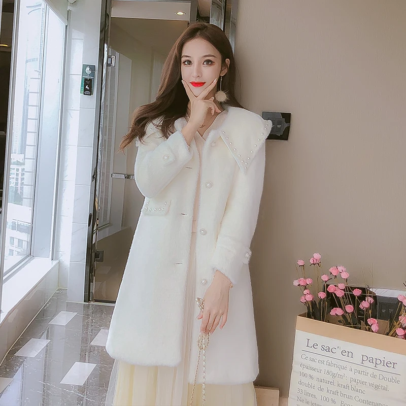 Billig Faux Nerz Pelz Gestrickte Strickjacken Koreanische Frauen Lange Pullover Drehen Unten Einreiher Lose Strickjacke Pullover Elegante Strickwaren