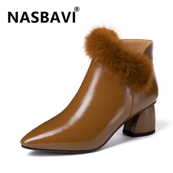 

Fashion mink fur pointed toe non-slip rubber sole mid heels zipper Patent leather charming dress women comfort warm ankle boots