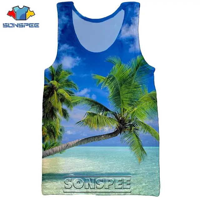 SONSPEE 3D Print Palm Tree Summer Beach Sea Men's Tank Tops Casual Fitness Bodybuilding Gym Muscle Men Sleeveless Vest Shirt 2