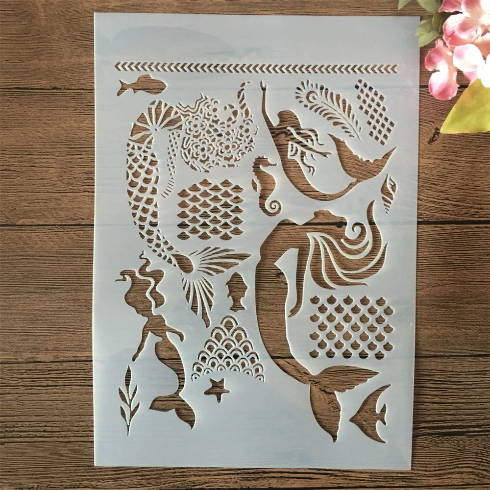 

A4 29cm Mermaid Fish Girls DIY Layering Stencils Wall Painting Scrapbook Coloring Embossing Album Decorative Template