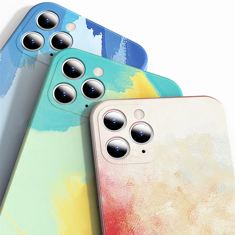 Funda de silicona líquida de lujo para móvil, carcasa de acuarela cuadrada para Apple iPhone 12 11 Pro Max X XR XS Max Painti, cubierta suave gradiente colorida