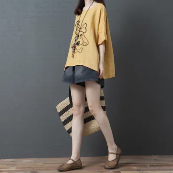 

Female 2019 Loose Big Code Women's Wear Comfortable Ramie Round Neck Shirt