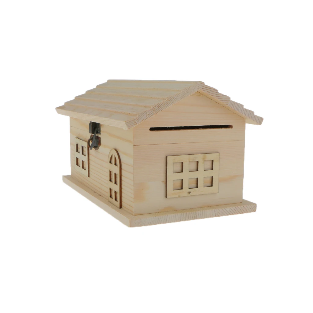 Unfinished Wooden House Shape Piggy Bank Jewelry Storage Box DIY Kids Crafts