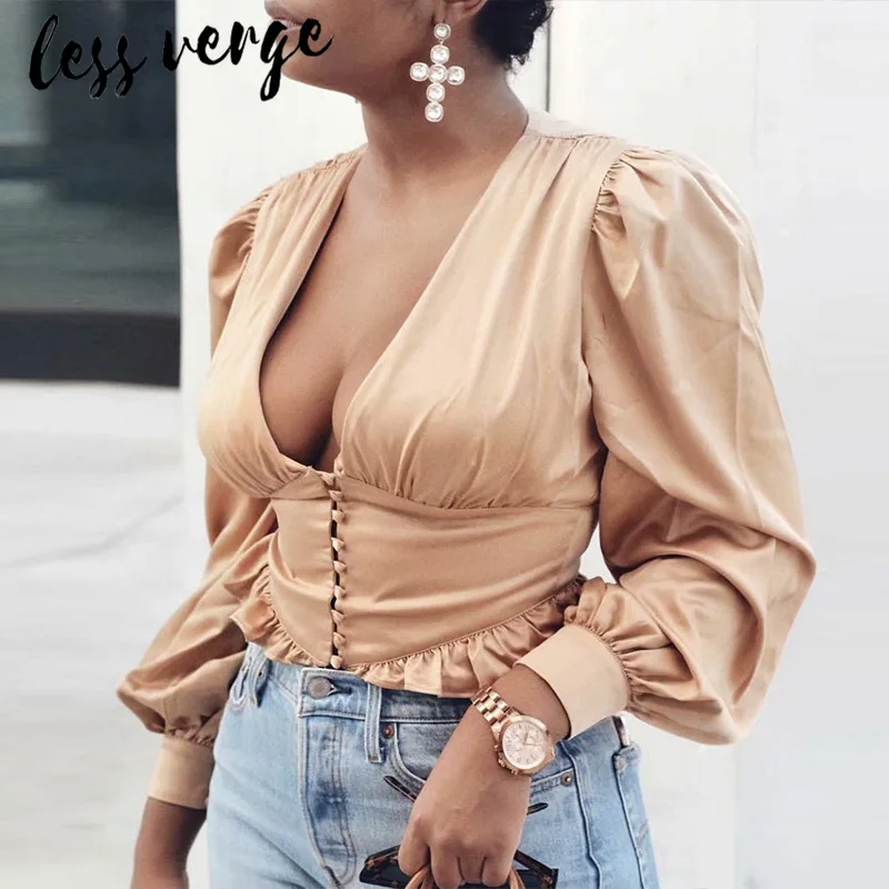 

Lessverge Vintage v neck ruffle satin blouse shirt Women slim sexy autumn blouse top Female lantern sleeve elegant party chemise